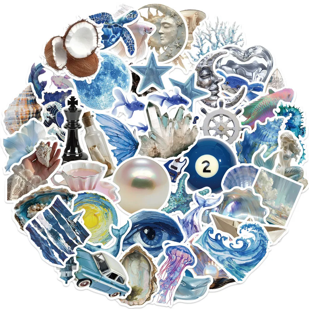 

50PCS Silver Blue Marine Creatures Waterproof Graffiti Stickers for Bicycle Hand Account Pencil Case Decals Sticker Story Store