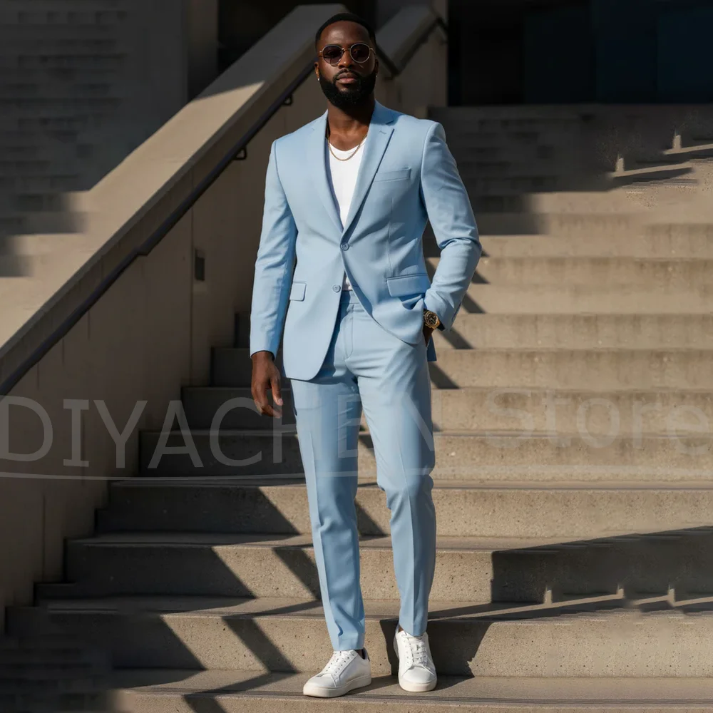

Мужской голубой костюм из двух предметов, модный приталенный пиджак с брюками, однобортный элегантный повседневный костюм для свадебной вечеринки