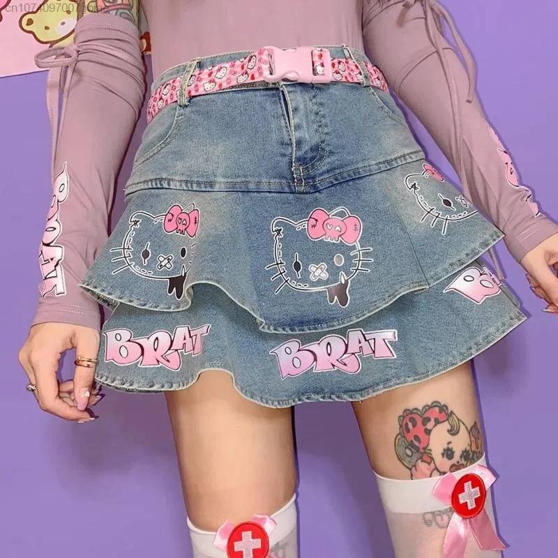 Y2k Spicy Girl's New Cute Printed Denim Skirt for Women, Sweet Slimming Culottes with Safety Pants Punk Style Fluffy Skirts