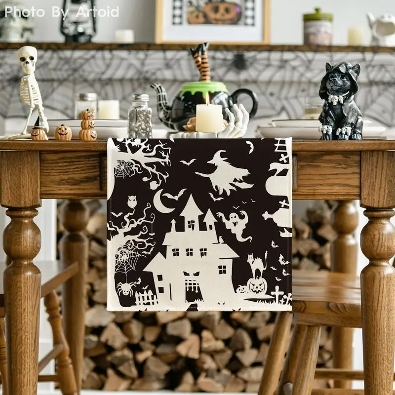 Halloween Table Runner Silhouette Haunted House Witch Ghost Bat Black Cat for Dining Table Home Spooky Holiday Party Decor
