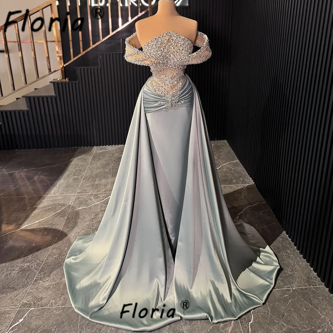Luxury Bead Mermaid Prom Dresses with Overskirt Dubai Woman Crystal Heavy Handmade Evening Party Gown Vestido Noche Customized