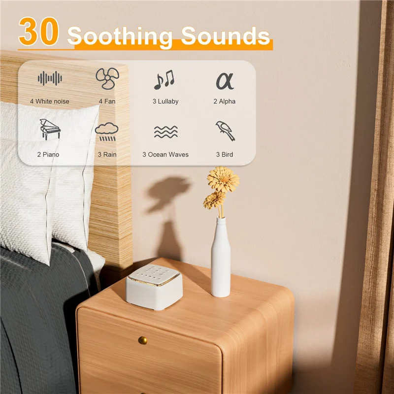 Máquina de ruido AS96-White, máquina de sonido recargable para bebés y adultos, 30 sonidos relajantes y luz cálida para dormir, fácil de usar