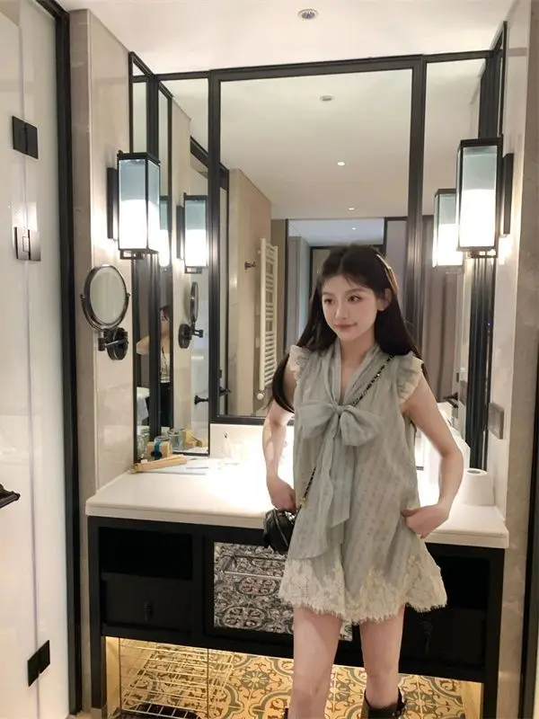 Korea Chiffon Dress Women Party Streetwear Korean Fashion Dress Loose Lace Sleeveless V Neck Mini Sweet New Spring Summer Dress