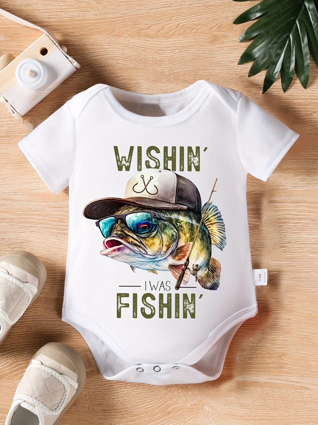 Baby Triangle Romper Wishin I Was Fishin Letter Print Newborn Cute Short-Sleeved Climbing Suit Onesies, For Outdoor