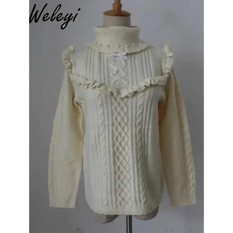 Women's Y2k Knitted Sweater Japanese Style 2024 Winter Fresh Sweet Handmade Velvet Ruffled All Matching High Neck Inner Pullover