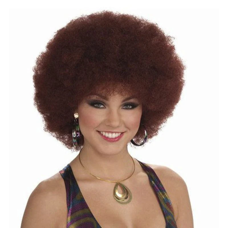 Peruca afro com Franja para mulheres, marrom, anos 70, aparência natural, enorme, excêntrico, encaracolado, curto, cabelo bouncy, diário, uso de festa