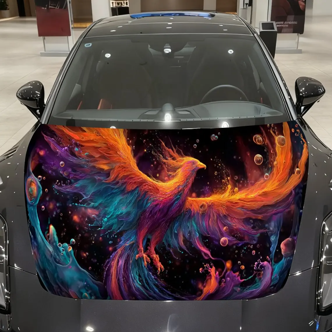 Phoenix with Intertwined Blue Water and Orange Flames Car Vinyl Wrap, PVC Material Waterproof Car Hood Sticker, Self-Adhesive Sc