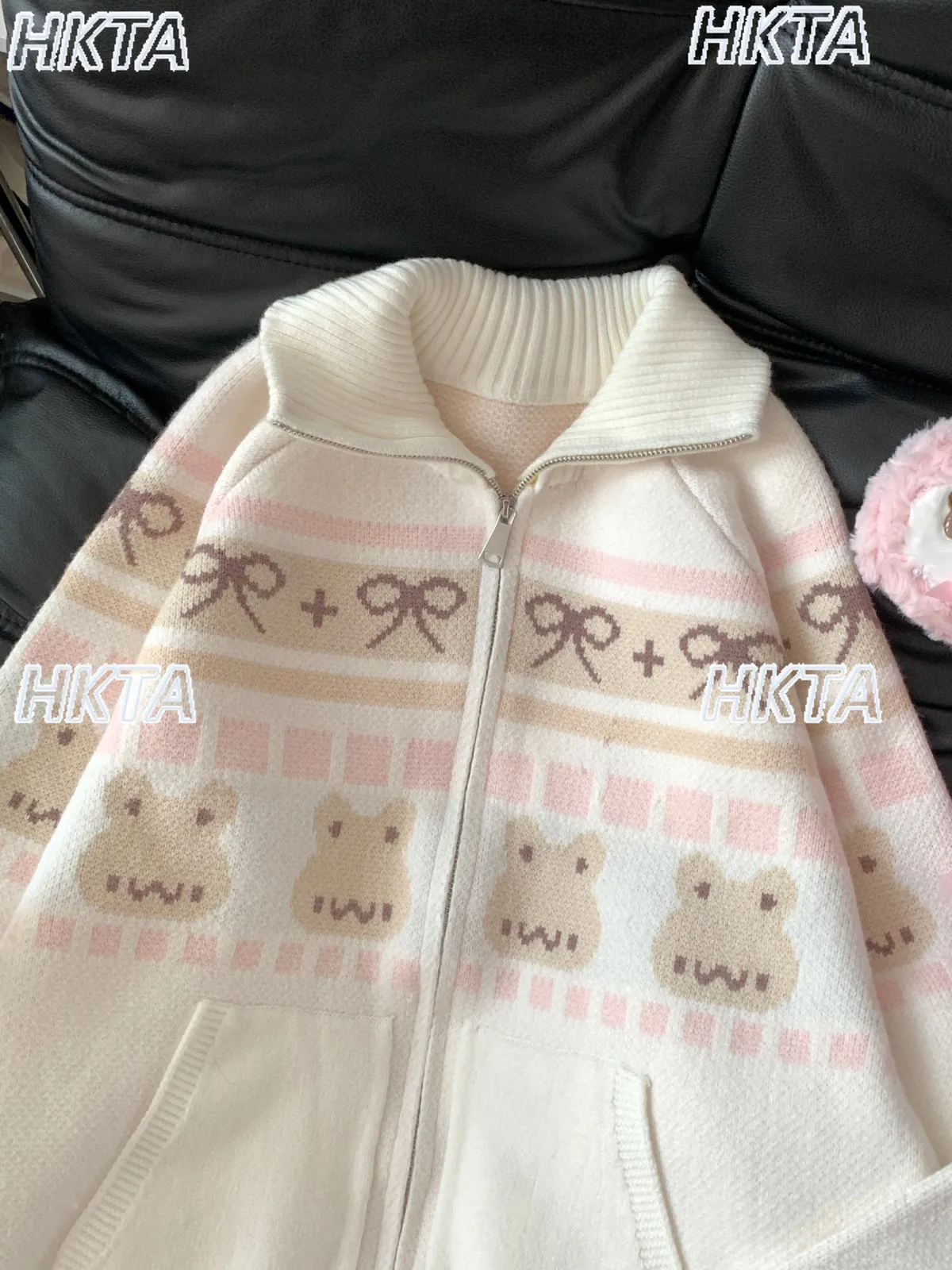 

Cute Cartoon Winter Stand Up Collar Sleeve Pocket Loose Casual Sweater Jacket Female Sweet Knitted Cardigan Coat for Women