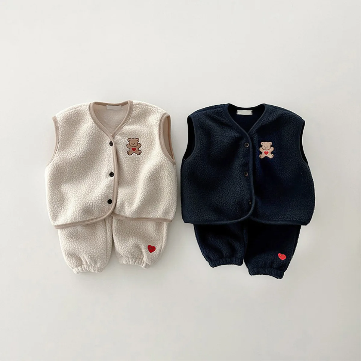 Winter New Baby Sleeveless Clothes Set Infant Girl Cartoon Bear Fleece Vest + Casual Pants 2pcs Suit Kids Boy Thick Warm Outfits