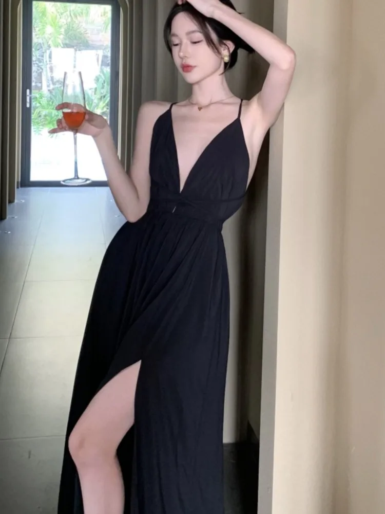 Robe Longue Noire Élégante à Dos auxpour Femme, Slim, Fibre, Couleur Unie, Soirée, Bal, Été