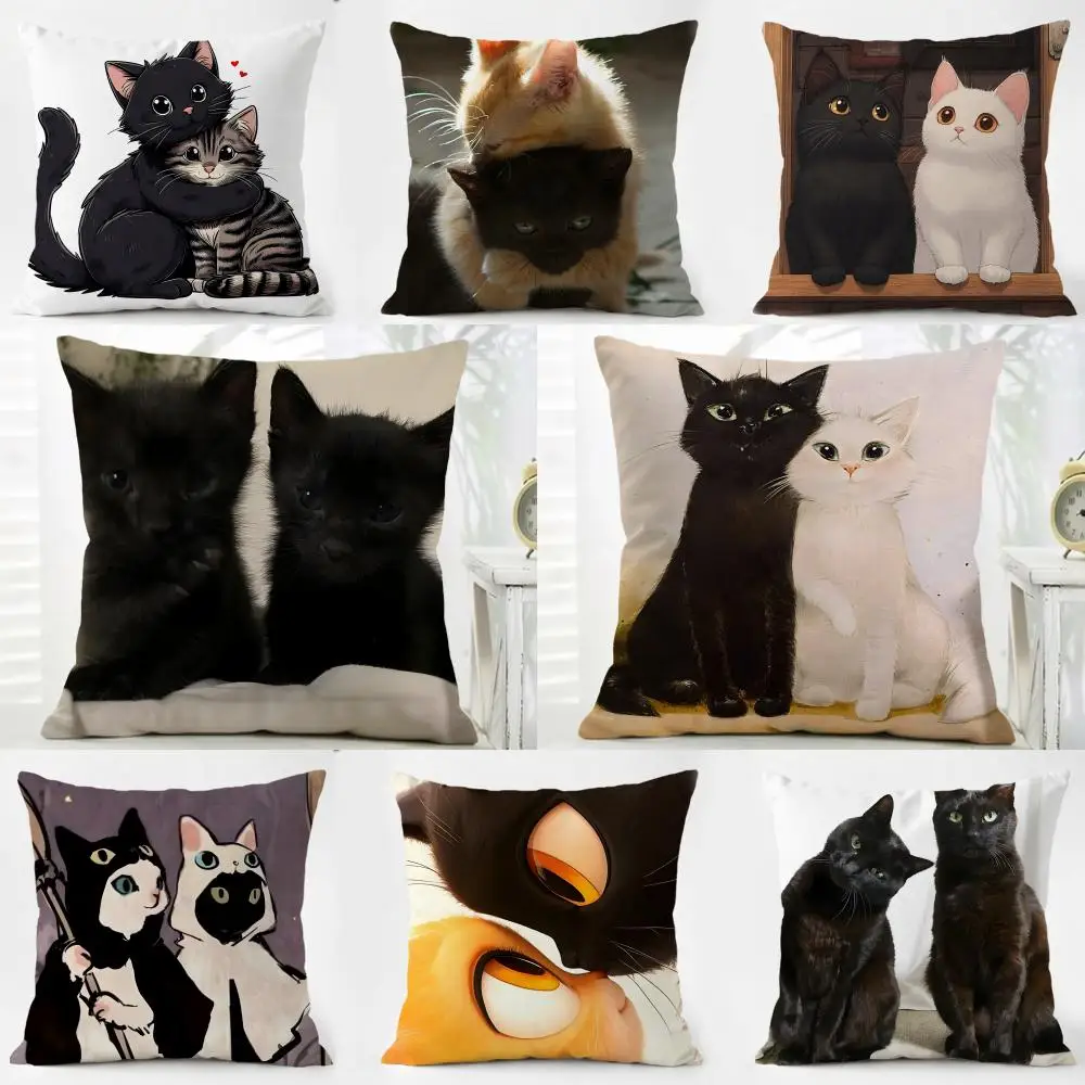 L-Little Black Cat Couple Cushion Cover Pillow Case Soft Friendly Fabric & Concealed Zipper