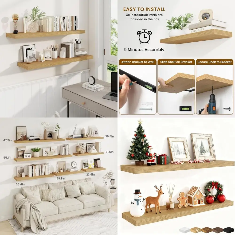 

Пара 40-мя настенных дубовых полков со скрытыми кронштейнами для домашнего хранения и декора