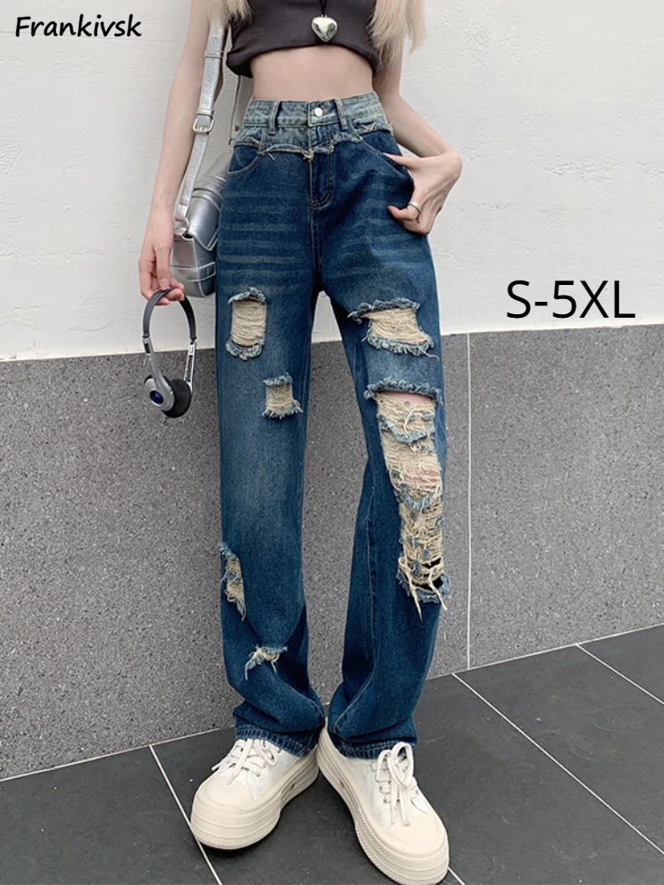 

Hole Jeans Women Summer European Style trousers Pockets Hollow Out Bleached Ripped Vintage Do Old Comfortable Loose Leisure Chic