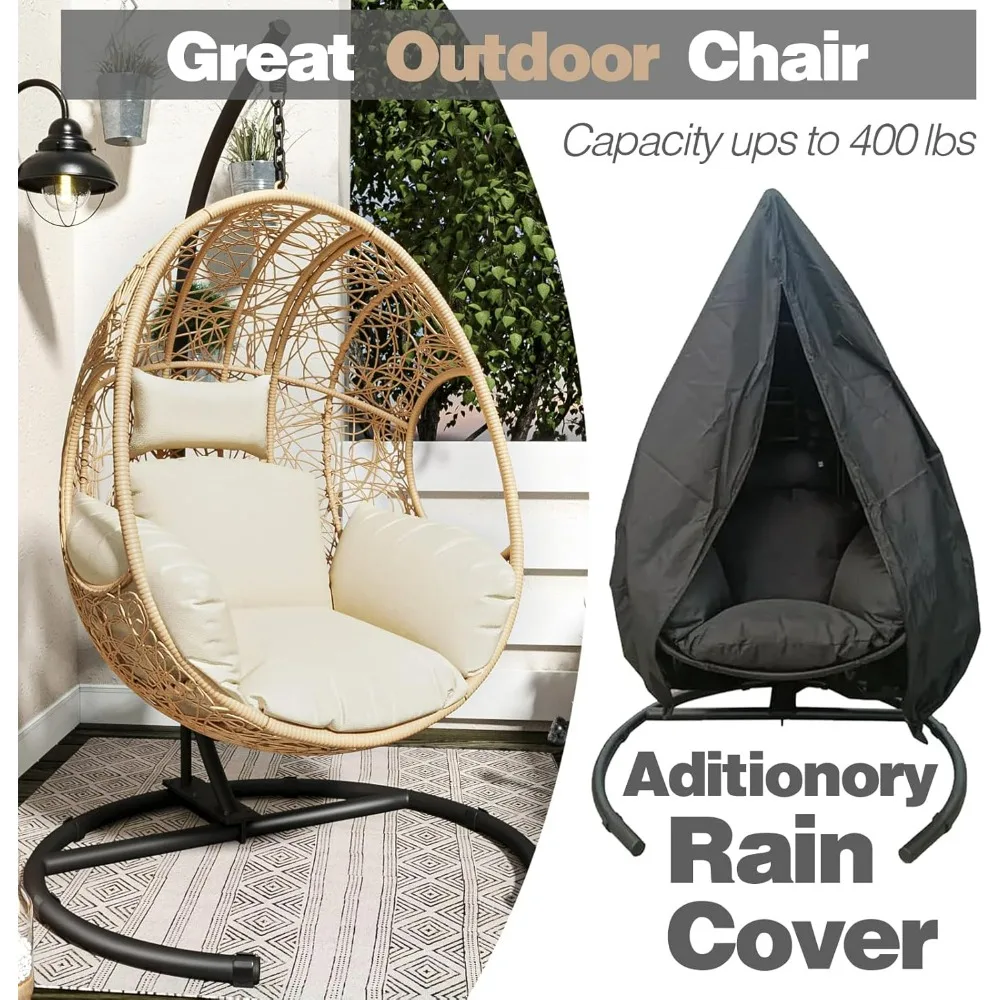 Oversized Hanging Egg Chair Outdoor Wicker Swing Chair with Stand Rain Cover UV Resistant Cushion 400lbs Capacity for Patio