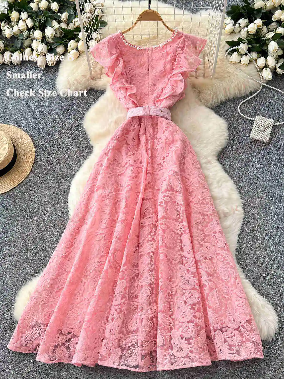 Pearl Neck Summer Lace Long Dress Women Flare Ruffle Sleeve A Line Pleated Crochet Embroidered Midi Dresses Evening Prom Vestido