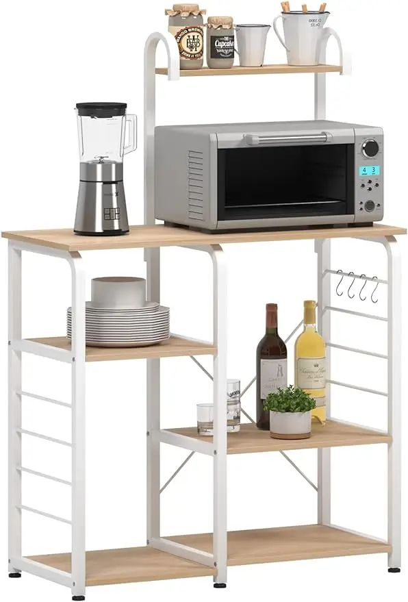 

Coffee Bar 35 inch Bakers Rack Microwave Stand with 5 Storage Shelves and Hooks Kitchen Shelves Organizers Racks