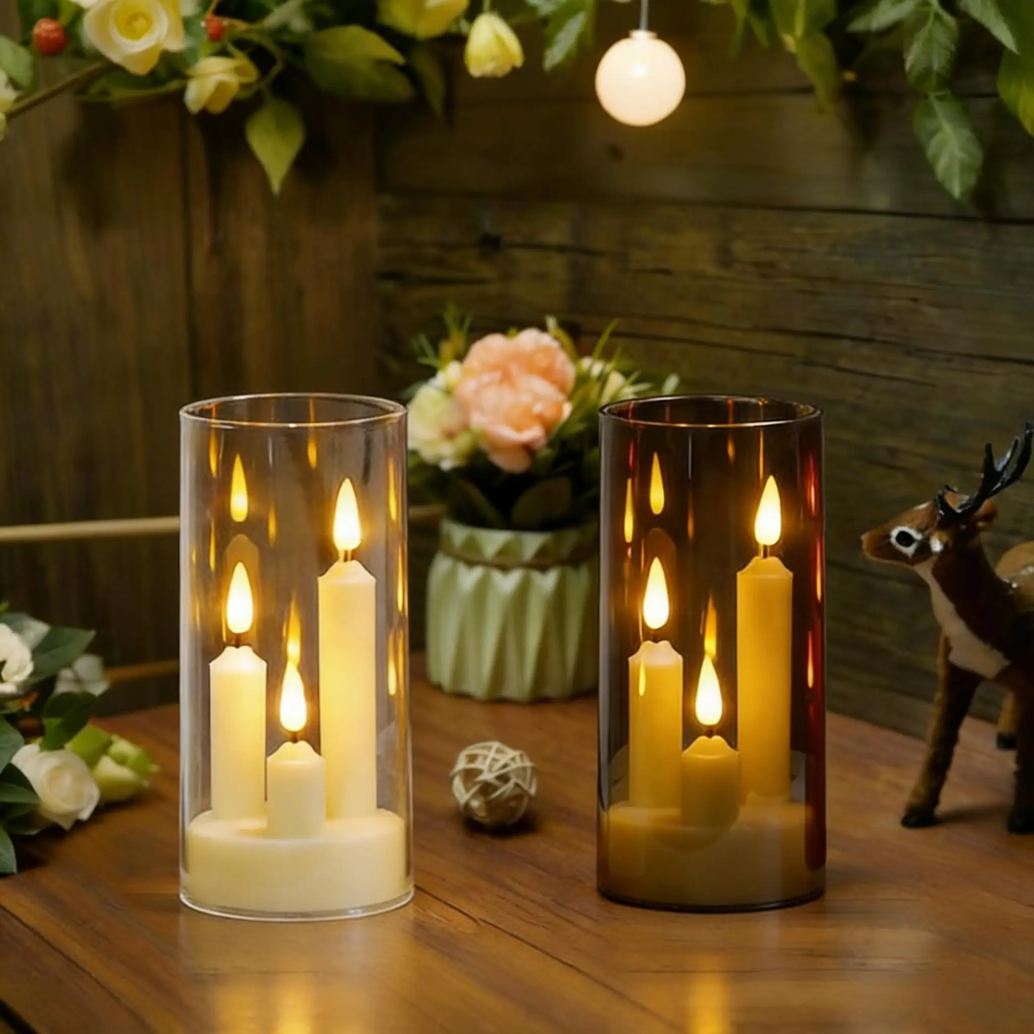 3 In1 Flameless LED Taper Candles Battery Operated Tealight with Acrylic Lampshade Led Pillar Candles for Home Wedding Table