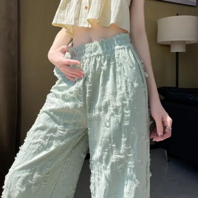 Pink American Distressed Wide-Leg Pants Women's Summer High-Waist Drapey Loose Straight-Leg Casual Pants