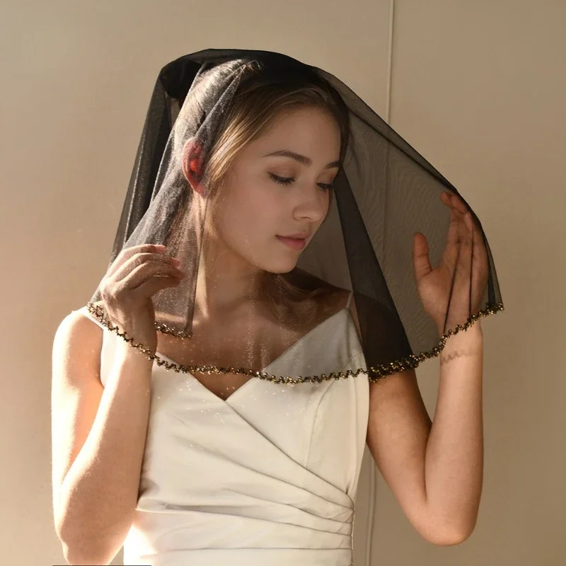 Exquisite Hand-sewn Beaded Veil Red Vintage Gold Beaded Edge Covering Bridal Veil