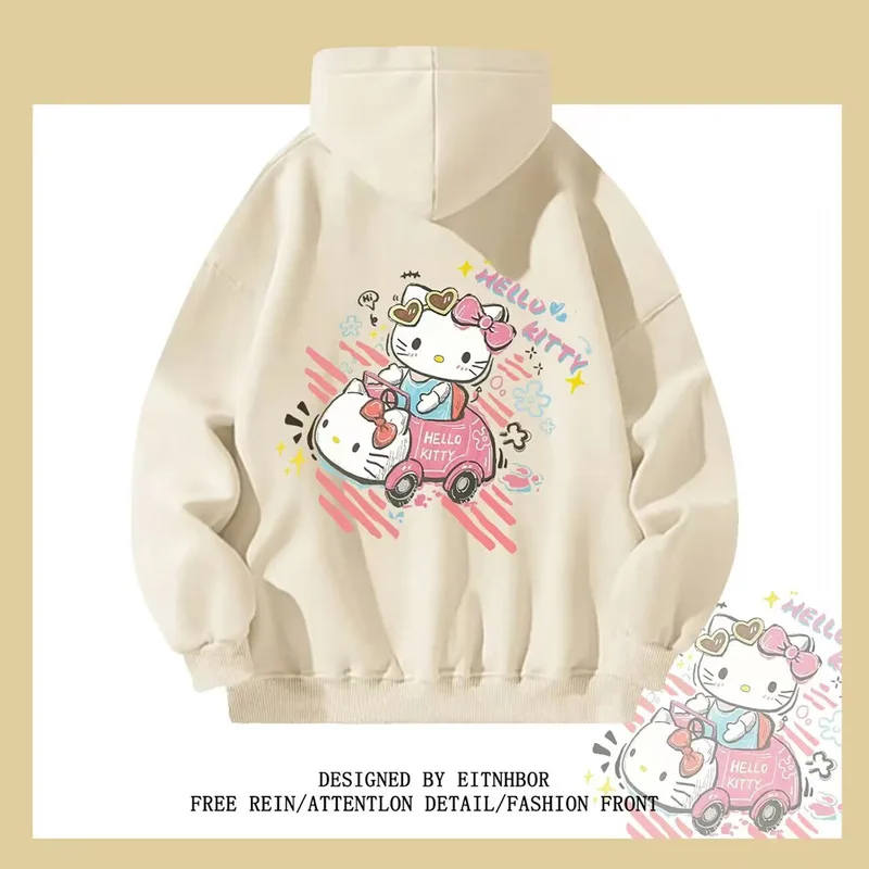 Hello Kitty Hooded Sweatshirt American Niche Fun Graffiti Cartoon Anime Women'S Autumn and Winter Loose Fit Slimming Jacket