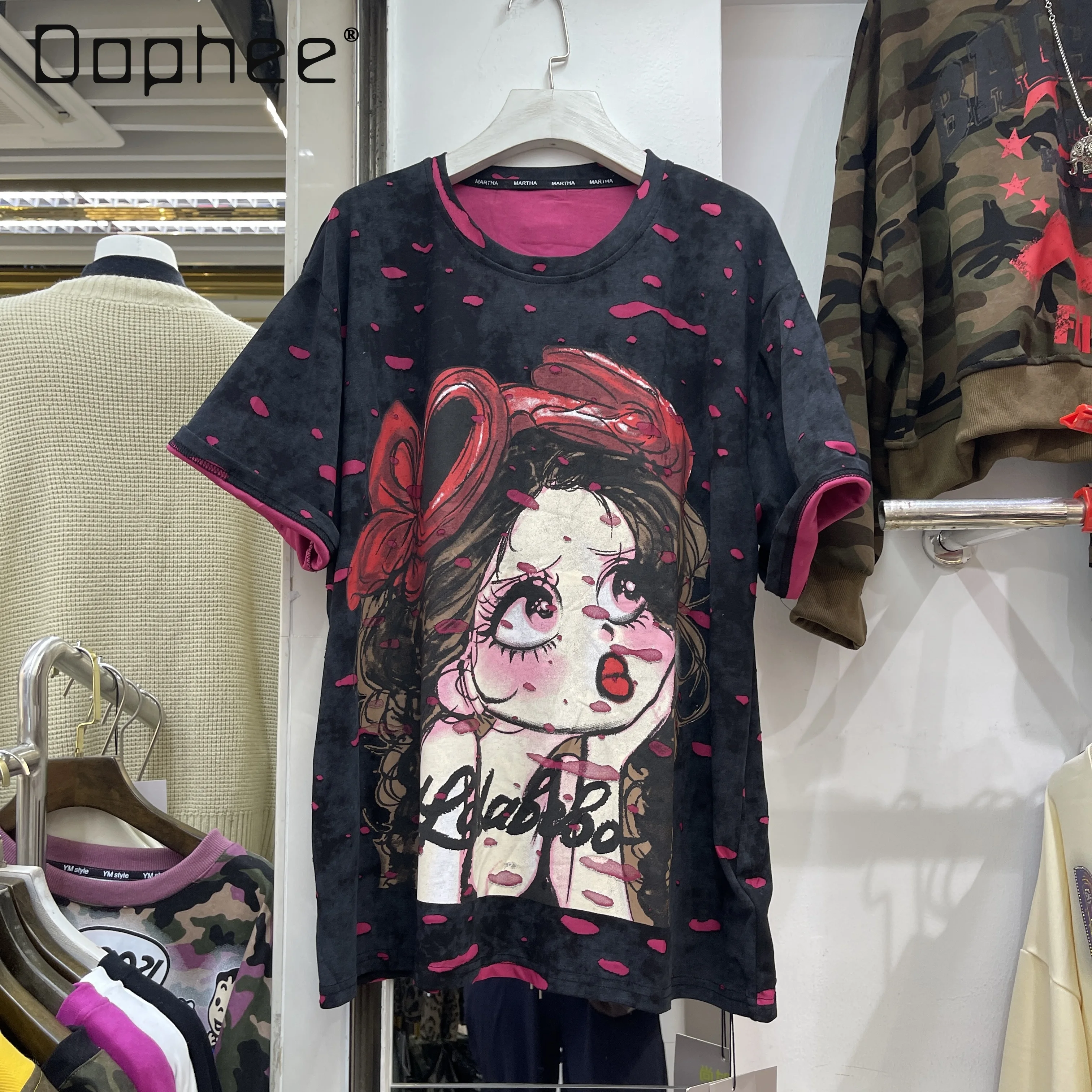 

European Style Cartoon Short Sleeve T-Shirt 2025 Autumn New Loose Fit Round Neck Printed Vintage Distressed Top for Women