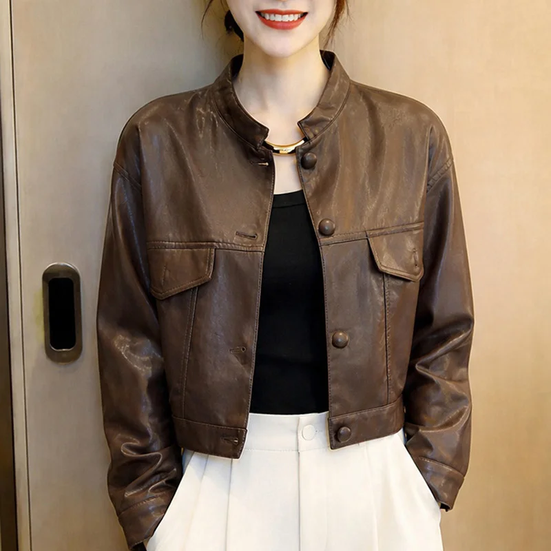 Short Motorcycle Jacket Women's Leather Coat Autumn New Fashion Beautiful Leather Jackets Top Retro Stand Up Collar Outerwear