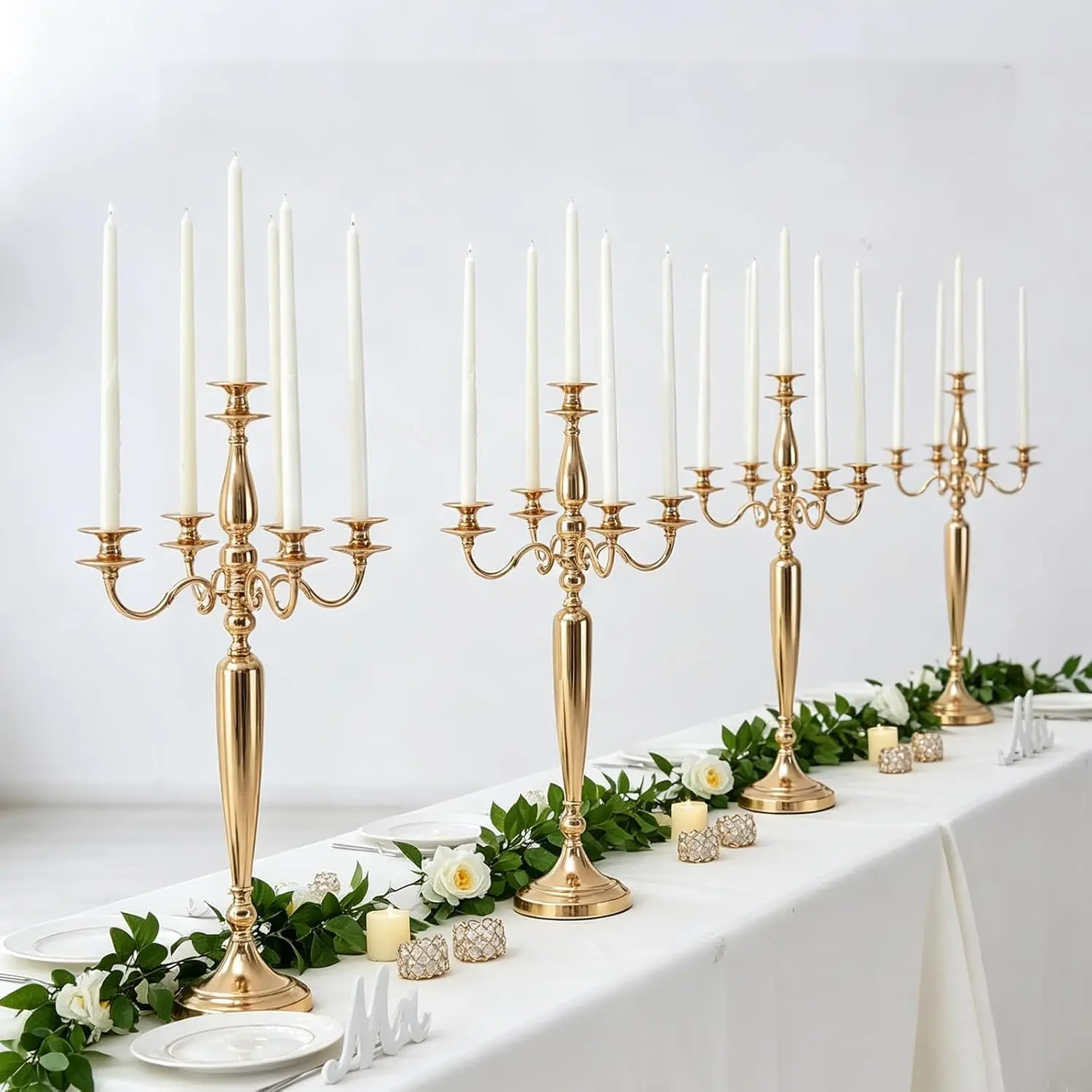 4Pcs 5 Arm Candelabra Candle Holder for Table Centerpieces Gold Metal Candlestick Holder for Wedding Decorative(28 Inch Tall)