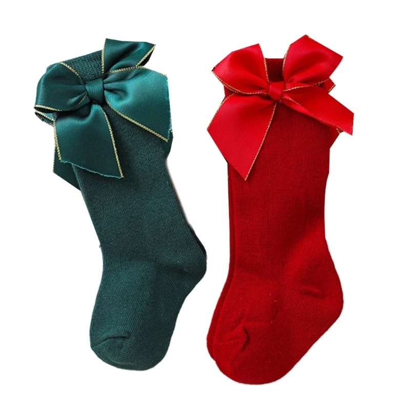 2 Pair Baby Girls' Christmas Socks with Bowtie Decoration Children's Knee Length Socks Elastic Breathable In Tube Socks