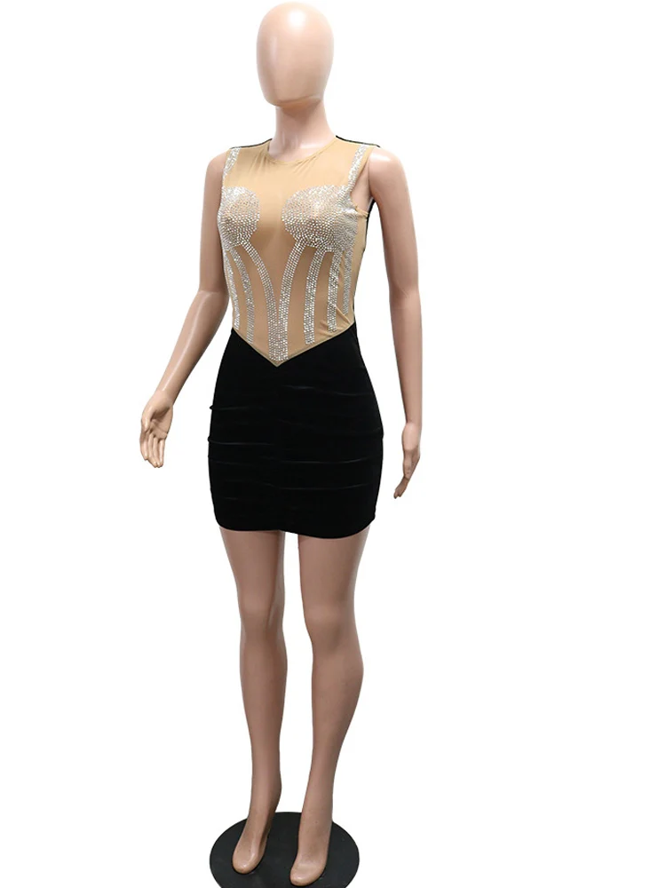 فستان Beyprern مثير للنساء بدون أكمام شبكي من حجر الراين Bodycon فستان قصير جديد شفاف برقبة دائرية سباركلي للحفلات والنوادي المسائية #4
