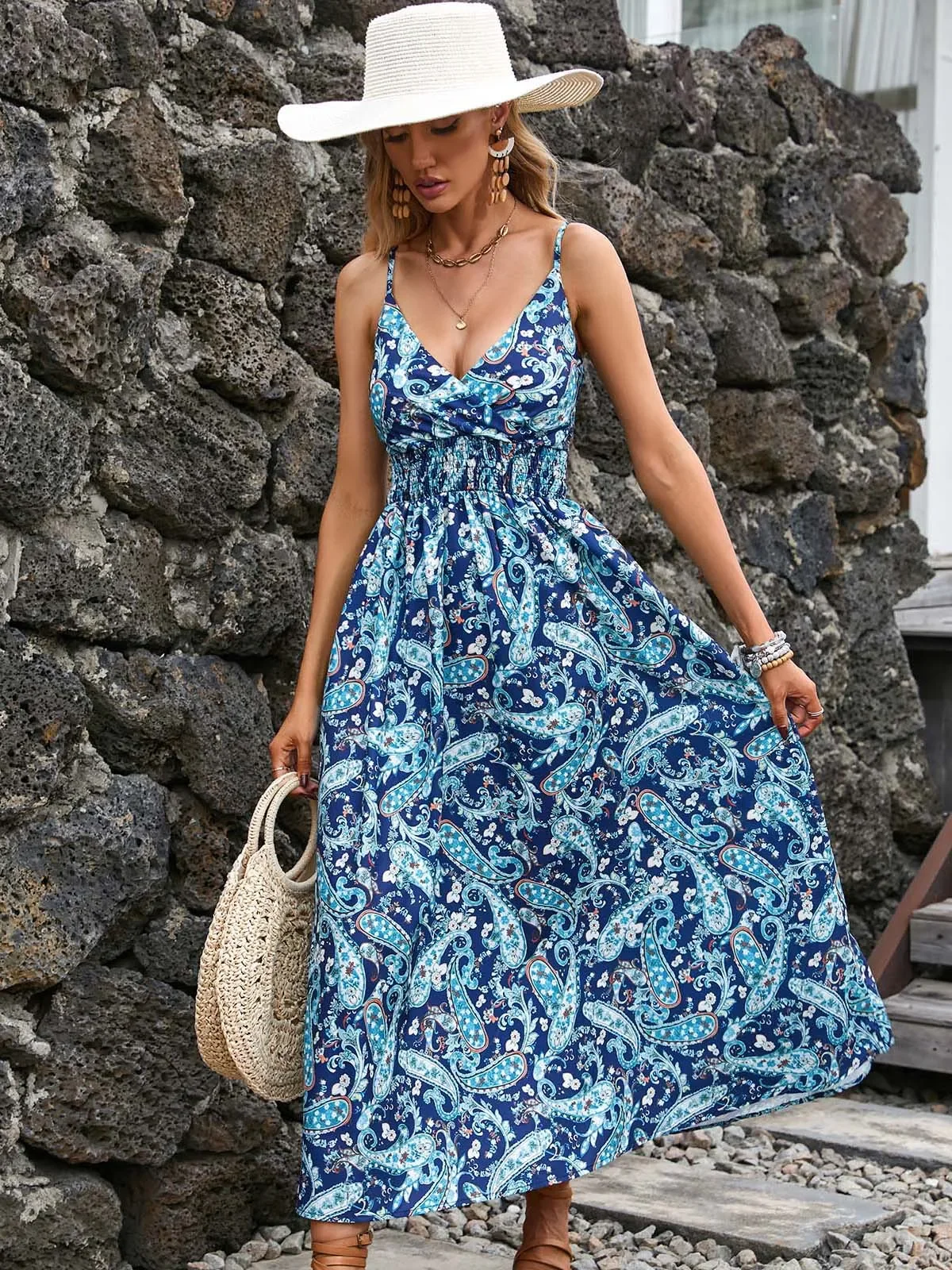 Bohemian Printed V-Neck Dresses Mid Length Floral Women Fashion Slim Slip Dress Streetwear Daily Sexy Lady Spring Summer