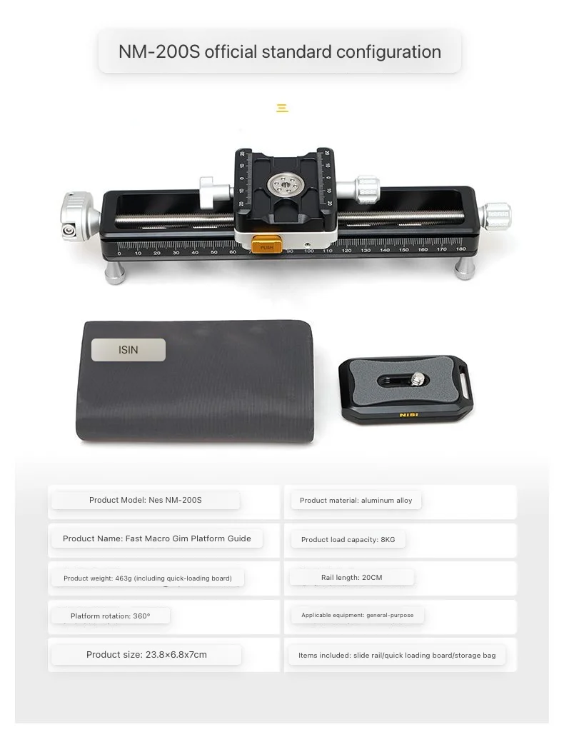 Nisi NM-200S 빠른 조정 매크로 포커싱 레일 카메라 레일 슬라이더(360도 회전 클램프 포함) 비디오 녹화 촬영