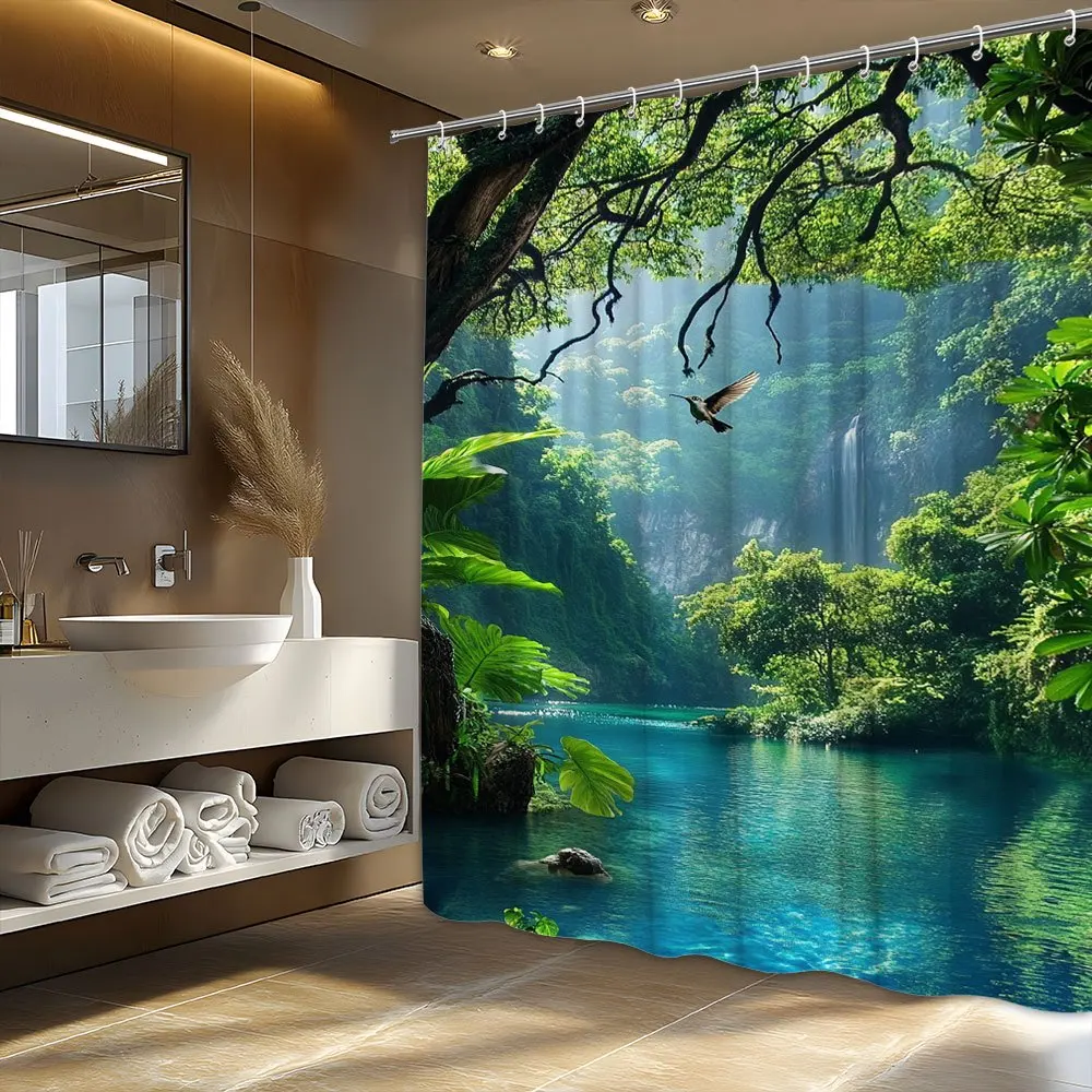 Scenic Jungle Waterfall Shower Curtain 3D Printed Flying Bird and River Landscape Waterproof Mildew Resistant Bathroom Decor