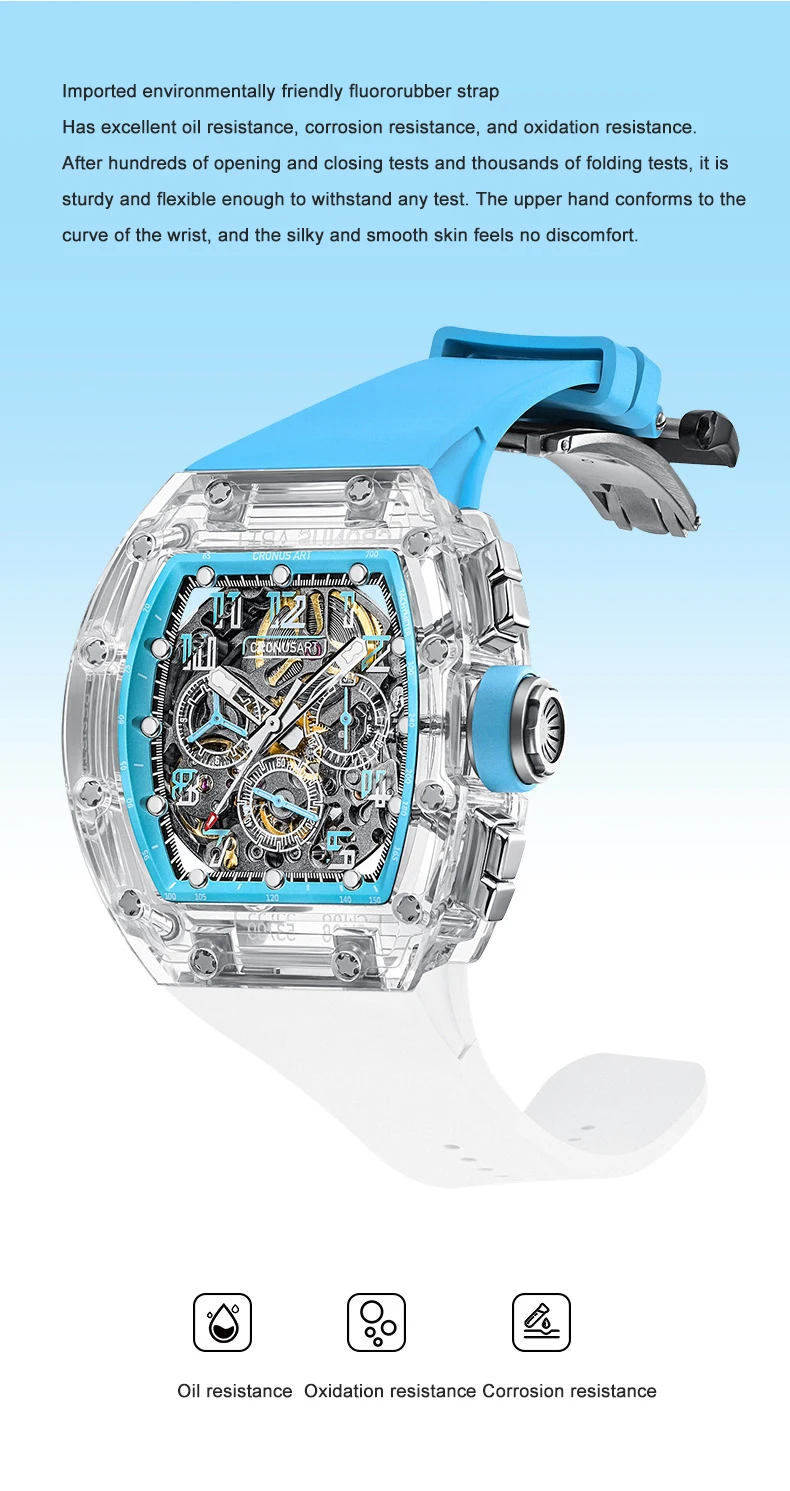 CRONUSART Мужские часы-хронограф 50 мм Механические наручные часы Tonneau Сапфировый корпус Светящийся ремешок из фторкаучука Большие тройные окна