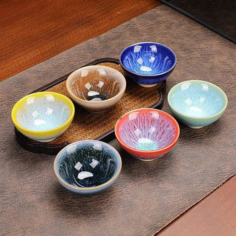 Kiln Change Tea Cup Керамическая Чашка  Porcelain Brushed Master Cup Deep Sea Silver Lotus Starry Sky Kiln Teacup 