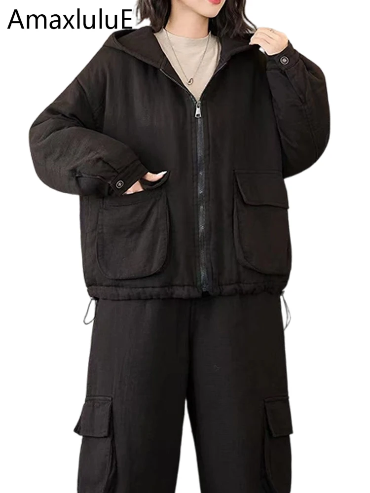 

Amax LuluE 2025 Winter Suits Women Fashion Padded Two Pieces Sets Loose Hooded Jacket Vintage Classic Leisure Pants Warm Outfits