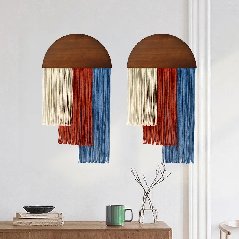 Nordic Wood Cotton Rope Tassel Tapestry Three-color Stepped Tassel Wall Decoration Living Room Photography Props Wall Hanging