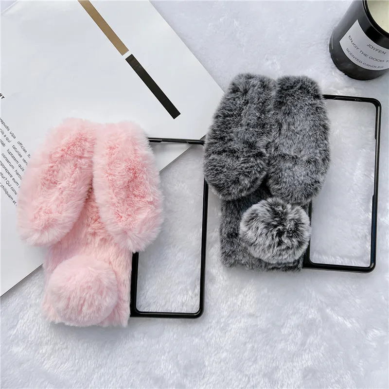 For Samsung Galaxy Z Fold4 Case Cute Fluffy Plush Rabbit Phone Case For Samsung Galaxy Z Fold6 Case Z Fold2 Cover Z Fold5 3 4