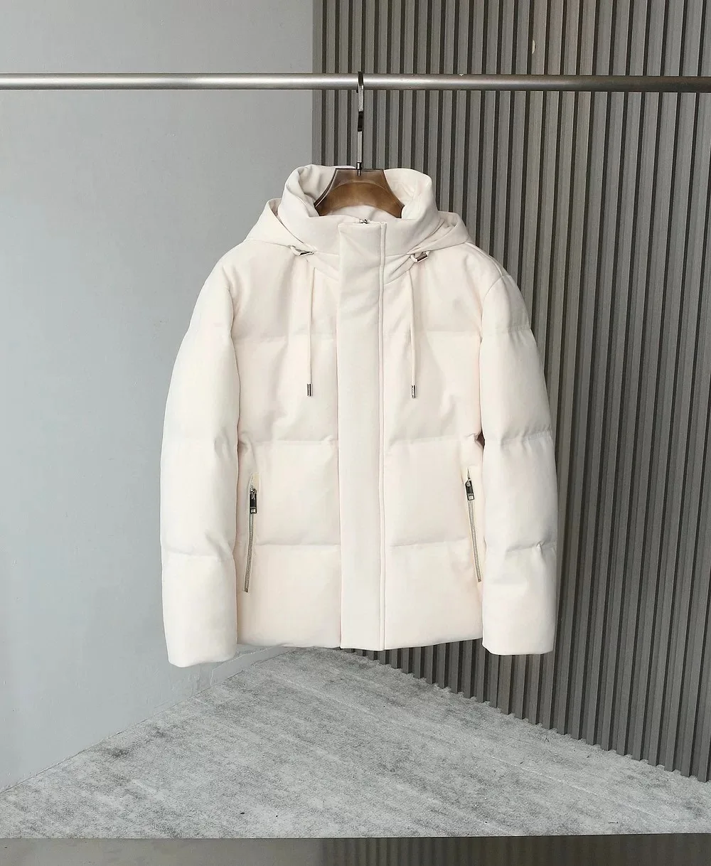 

Italian Sle High Quali Men's down Jaet White Du Belly Fur Hooded Coat Warm Thiened Regular Length Pure Color Zipper