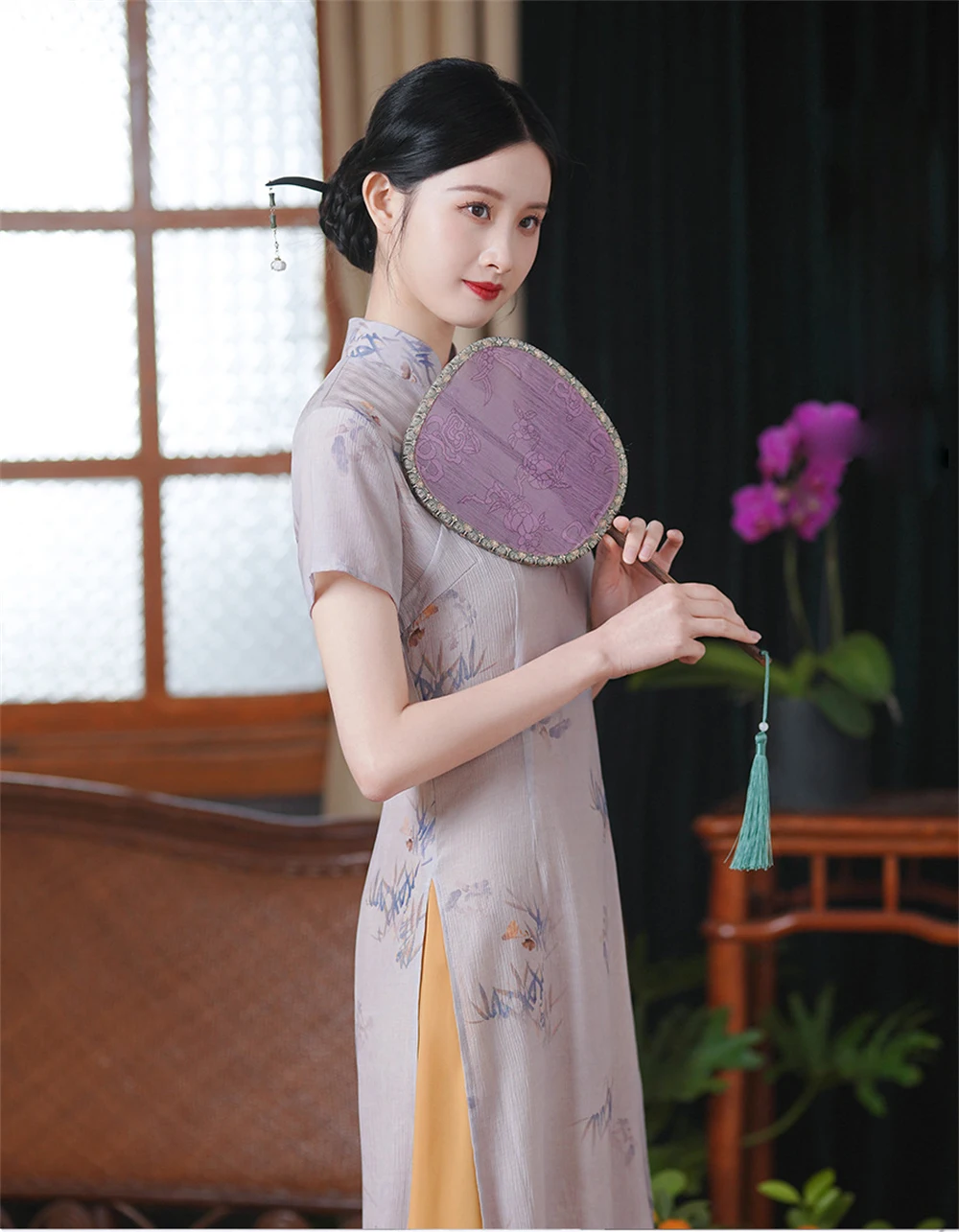 Light Purple AoDai Cheongsam Female Summer Chinese Style Improved High Split Qipao Dress Daily Elegant Long Tea Costume Chinoise