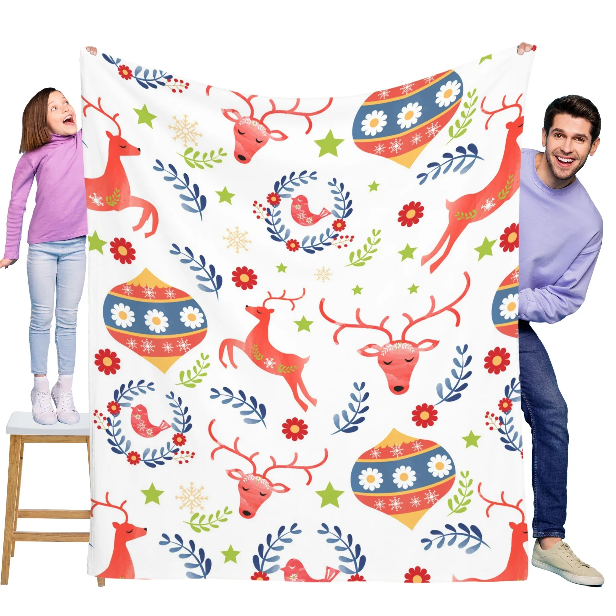 

Christmas deer playful flannel blanket, soft and warm, perfect for sofas, beds, offices, and travel