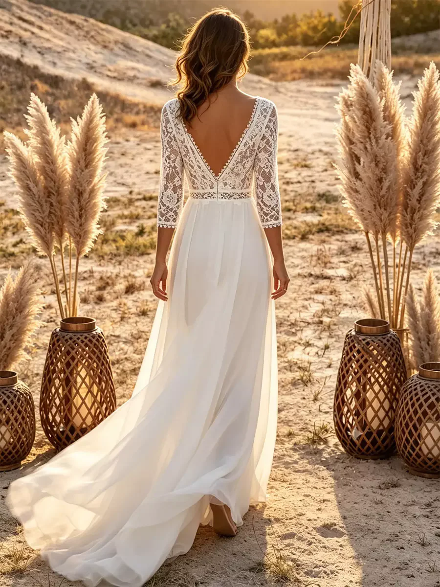 Customized Modest Lace Jumpsuit Wedding Dress with Detachable Train V Neck 3/4 Sleeve Bridal Outfit Wide Leg Boho vestidos de