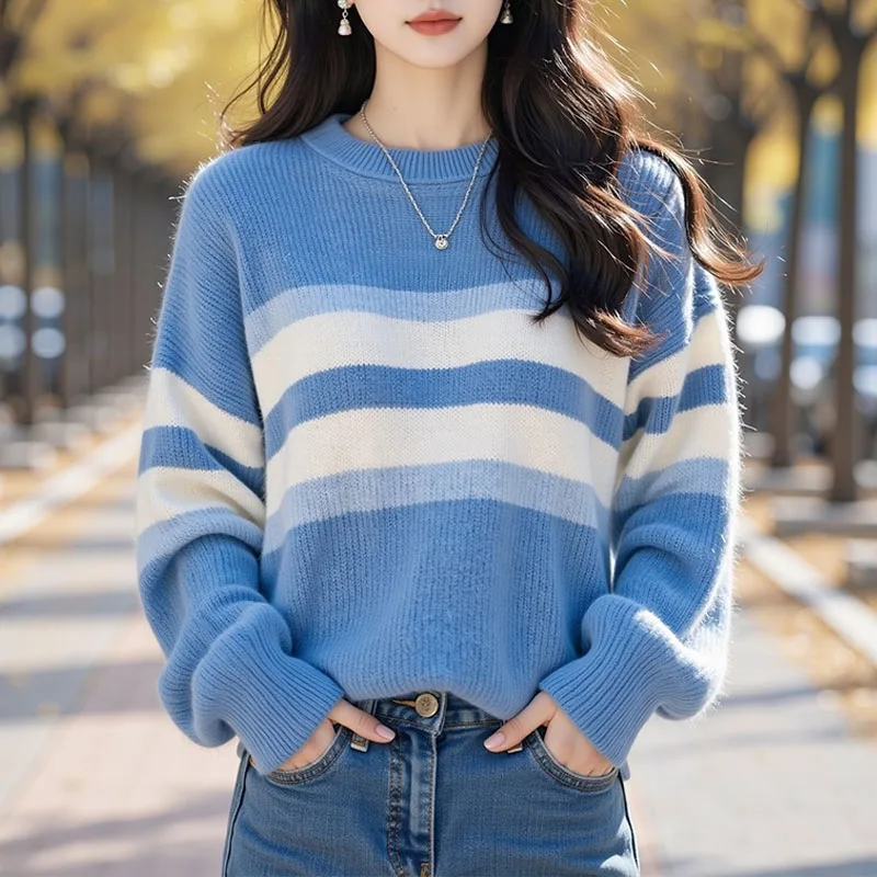 Maglione lavorato a maglia Donna Pullover Nuova manica lunga O-Collo Maglione lavorato a maglia a righe Pullover Donna Top Maglioni Sueters De Mujer Q1370