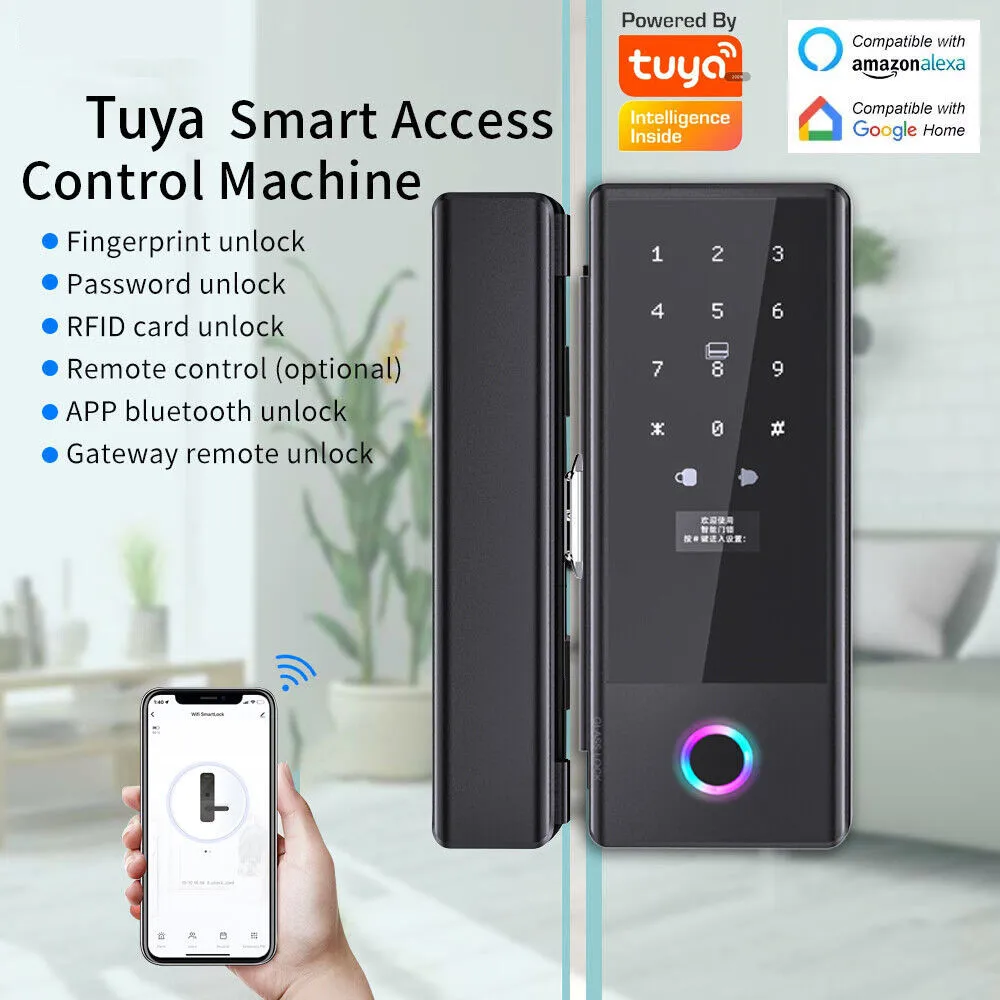 NEW Access Control Office Glass Tuya Wifi Security Wireless Password Keyless Fingerprint Digital Smart Glass Door Lock