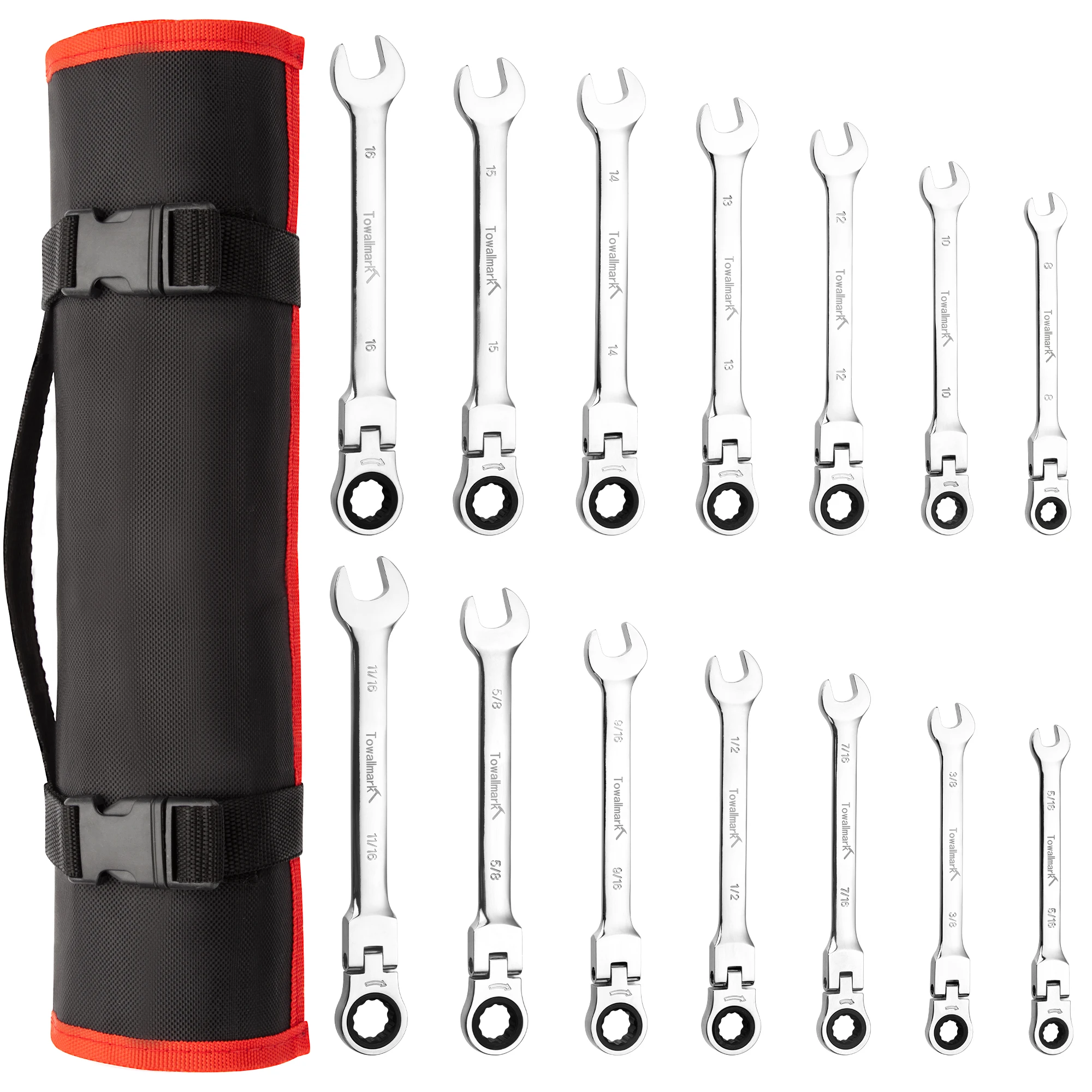 14pcs Flex-Head Wrench Set, Ratcheting Combination Set Ratchet Wrenches Set with Storage Bag for truck/garage projects