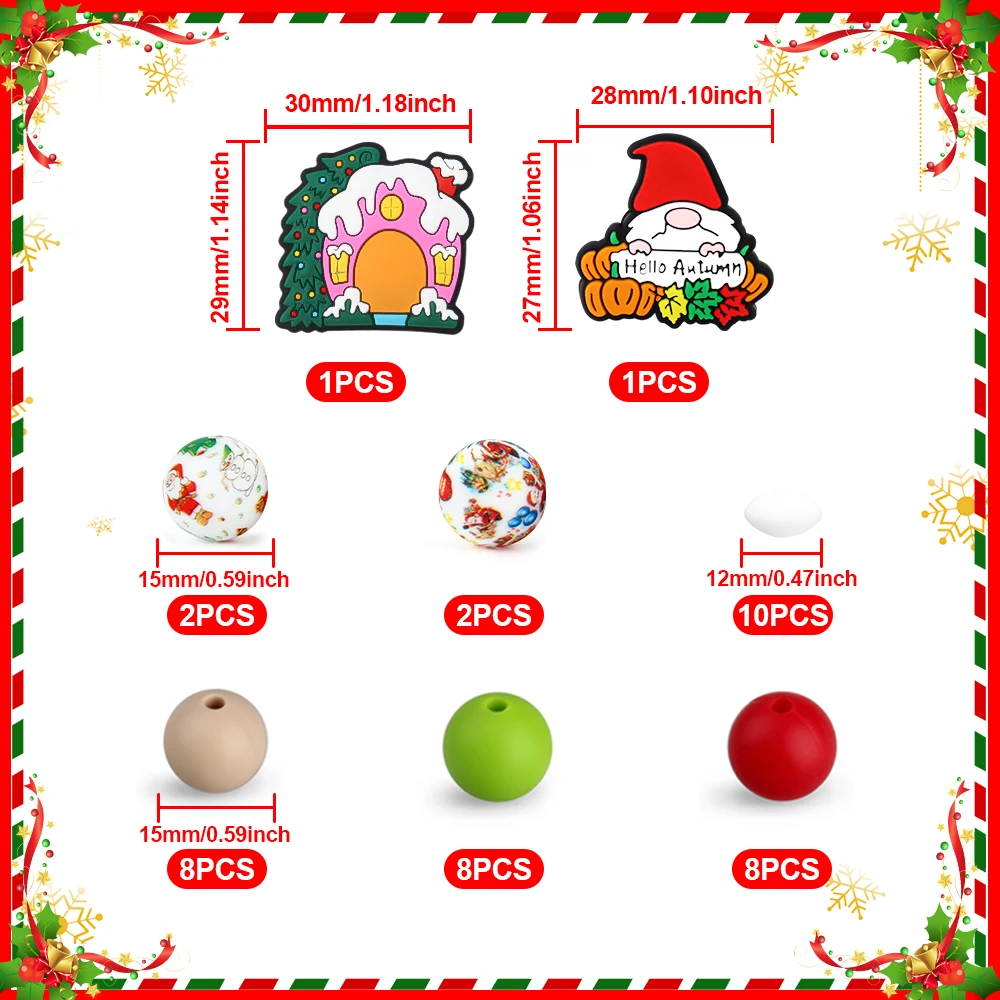 40Pcs/Set Christmas Theme Focal Beads 15mm Round Loose Silicone Beads White Beard Santa Claus Tree DIY Jewelry Keychains Crafts