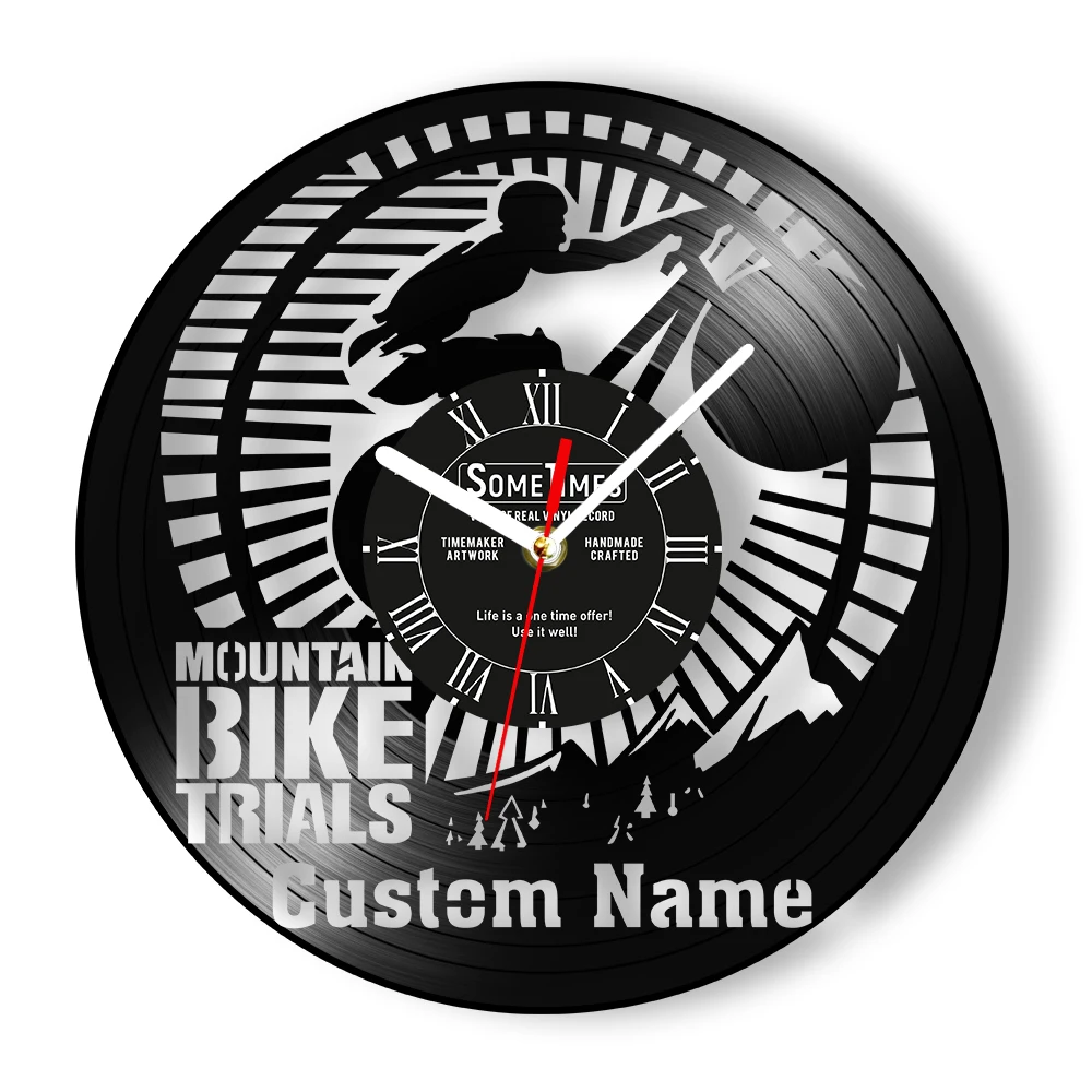 

Mountain Bike Trials Custom Vinyl LP Record Wall Clock Personalized MTB Mountain Biker Name Laser Cut Music Album LP Retro Clock