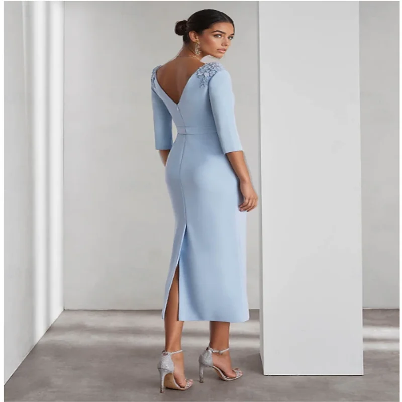 Sheath / Column Cocktail Dresses Elegant Dress Formal Wedding Ankle Length 3/4 Length Sleeve Crew Neck Stretch Crepe with Slit