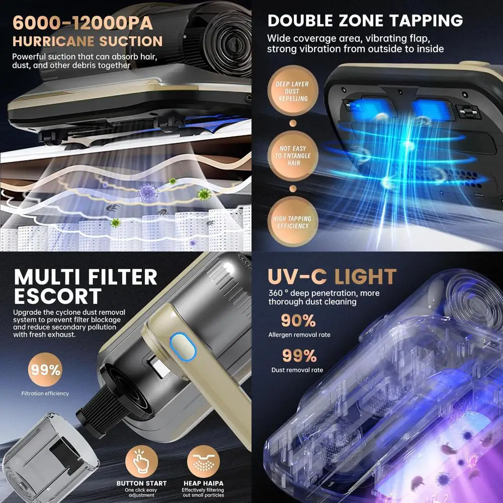 

Беспроводной пылесос UV-C с HEPA-фильтром, всасыванием 12 кПа для матрасов, диванов, автомобилей и ковров (золотой)