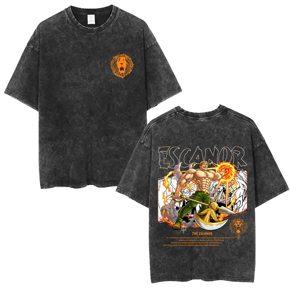 Washed Vintage Anime The Seven Deadly Sins Lion's Sin of Pride Escanor T-shirt Men Manga Oversized T Shirt Male Retro Streetwear