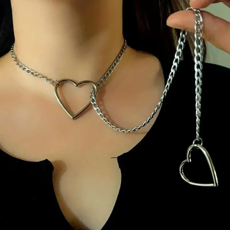 Adjustable Stainless Steel Cuban Link Necklace with Heart-shaped O-ring - Punk Rock Style Nice for Daily and Party Wear view 5